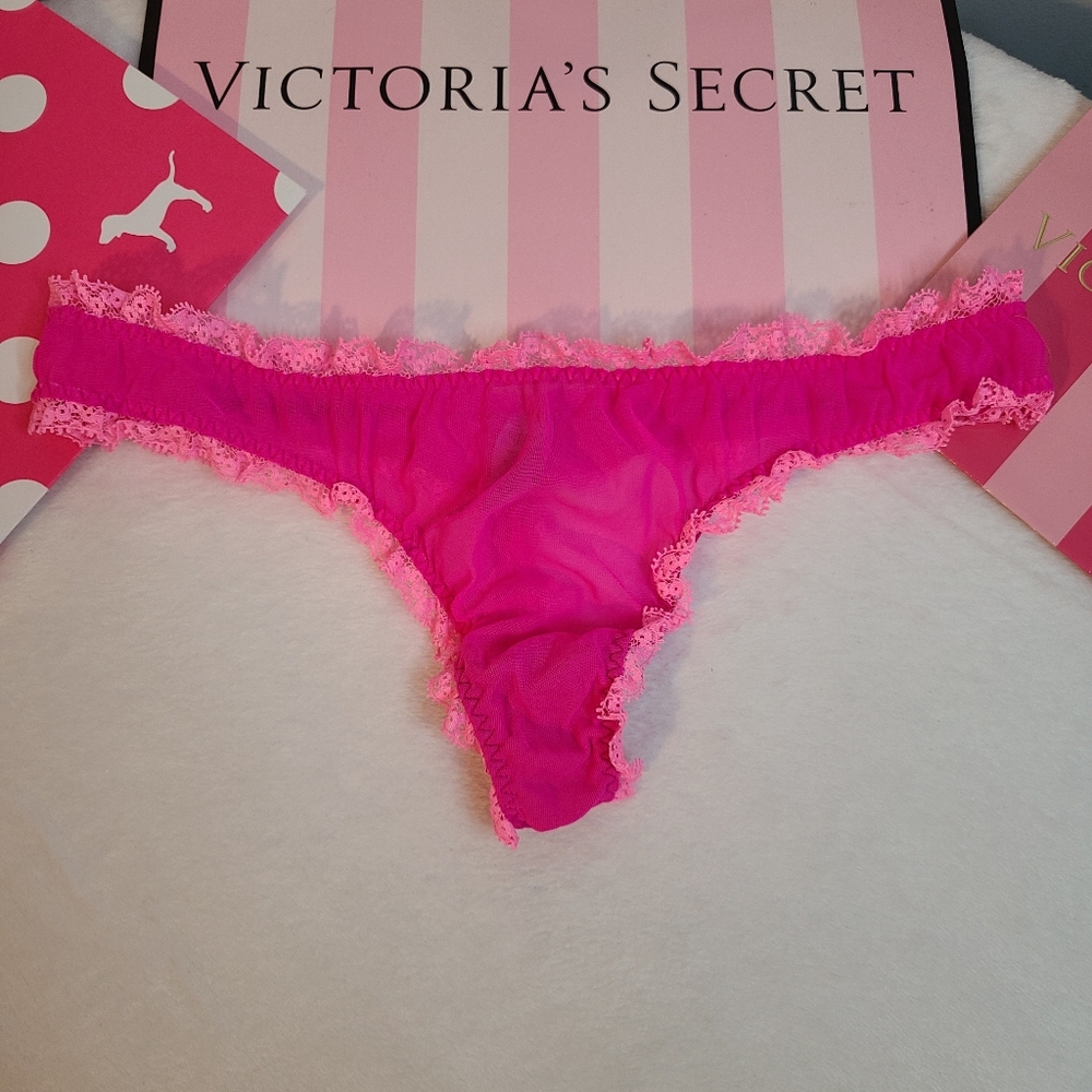 Rare Y2K Victoria's Secret Sheer Mesh Lace Ruffle Thong Panty Size Sm